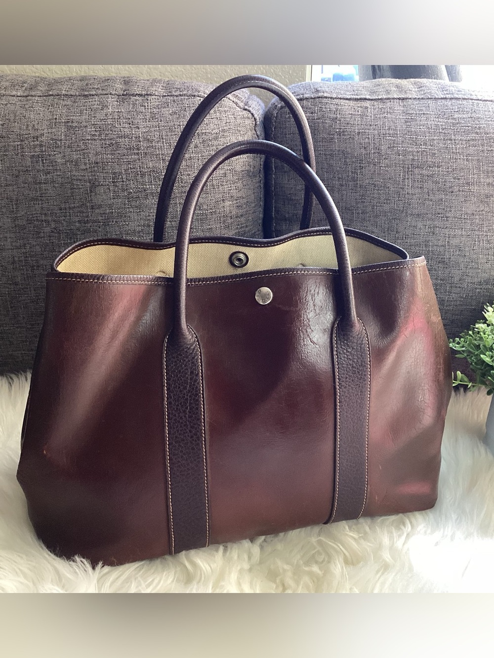 Hermes Dark Brown Leather Duffel Bag with Cream Interior